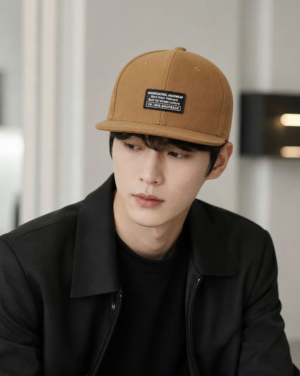 Người mẫu đội mũ snapback da lộn nâu