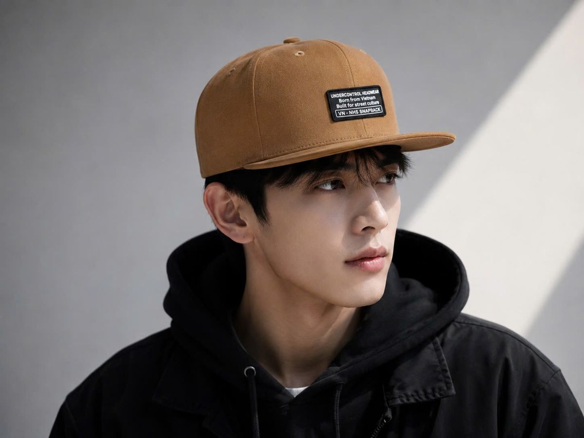Người mẫu nam đội mũ snapback da lộn nâu với áo hoodie đen