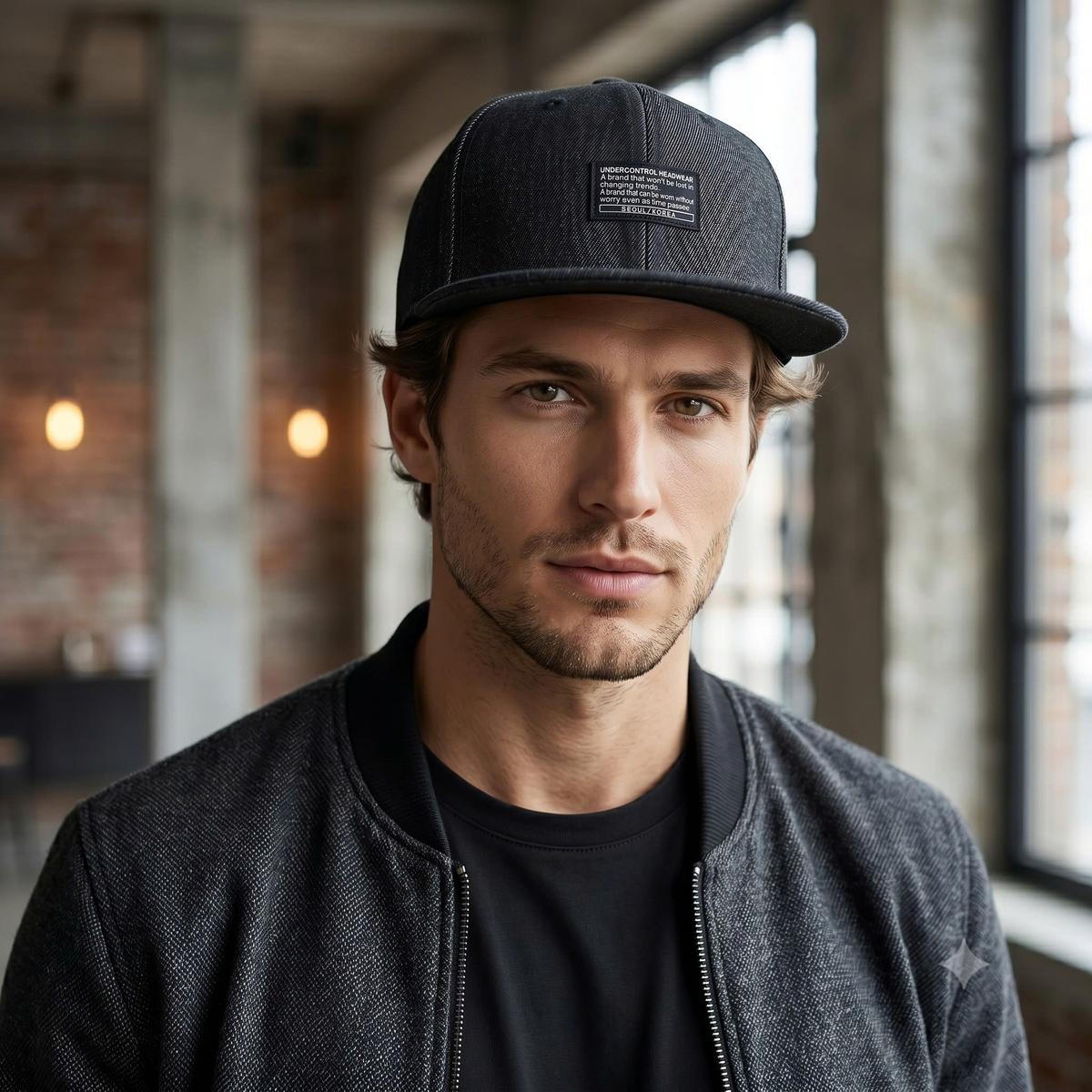 Người mẫu đội mũ snapback Under Jean X3 màu xám đen của NHS
